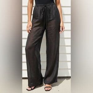 Zara Sheer Crinkled-Textured Wide Leg Pants Brown Size Small Waist Drawstring